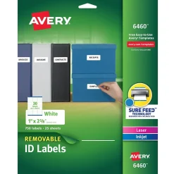 Avery Sure Feed Laser/Inkjet ID Labels, 1" x 2-5/8", White, 750 Labels/Pack (6460)