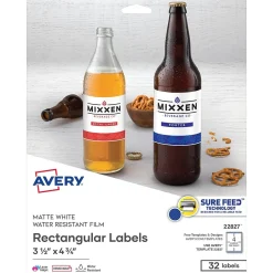 Avery Sure Feed Laser/Inkjet Durable Print-to-the-Edge Labels, 3.5" x 4.75", Satin White, 32 Labels/Pack (22827)