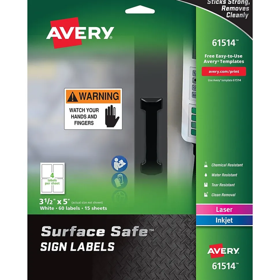 Avery Surface Safe Laser/Inkjet Label Safety Signs, 3 1/2" x 5", White, 60 Labels/Pack (61514)