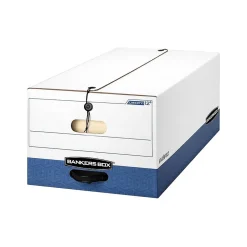 Bankers Box Heavy-Duty Corrugated File Storage Boxes, String & Button, Legal Size, White/Blue, 12/Carton (00012)