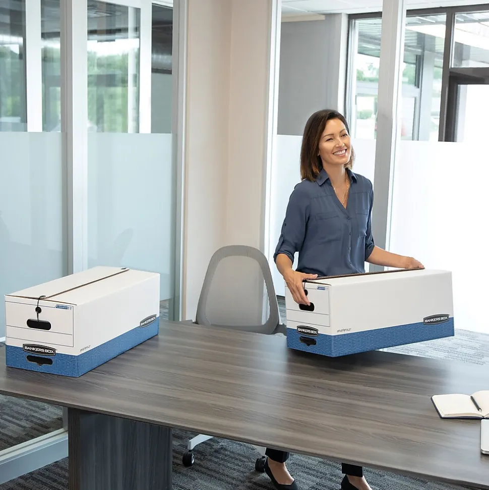 Bankers Box Liberty Heavy-Duty Corrugated File Storage Boxes, String & Button, Letter Size, White/Blue, 12/Carton (00011)