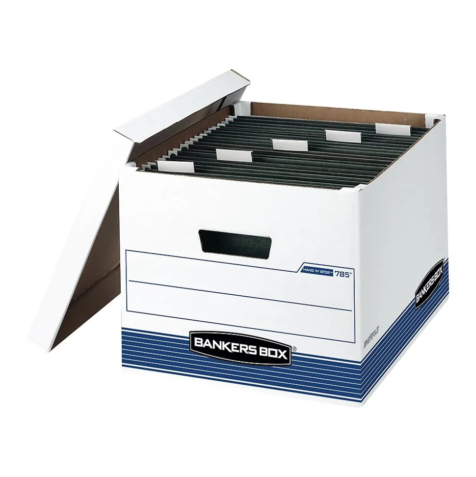 Bankers Box Medium-Duty FastFold Corrugated File Boxes, Lift-off Lid, Letter/Legal Size, White/Blue, 4/Carton (00785)