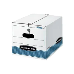 Bankers Box Medium-Duty FastFold File Storage Boxes, String & Button, Letter/Legal Size, White/Blue, 4/Carton (0002501)