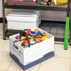 Bankers Box R-Kive Heavy Duty 60% Recycled FastFold Corrugated File Box Lift Off Lid, Letter/Legal Size, White/Blue, 20/Carton