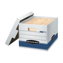 Bankers Box Stor/File™ Medium-Duty FastFold File Storage Boxes, Lift-Off Lid, Letter/Legal Size, White/Blue, 4/Carton (0078907)