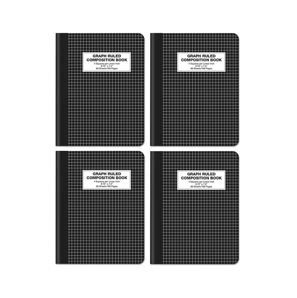 Better Office Composition Notebooks, 7.5" x 9.75", Graph Ruled, 80 Sheets, Black, 4/Pack (25604-4PK)
