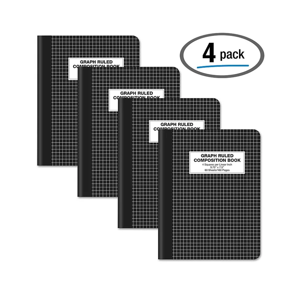 Better Office Composition Notebooks, 7.5" x 9.75", Graph Ruled, 80 Sheets, Black, 4/Pack (25604-4PK)