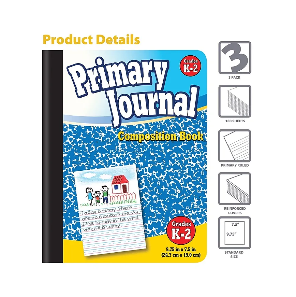 Better Office Primary Journal 1-Subject Composition Notebooks, 7.5" x 9.75", Primary, 100 Sheets, Blue, 3/Pack (25403-3PK)