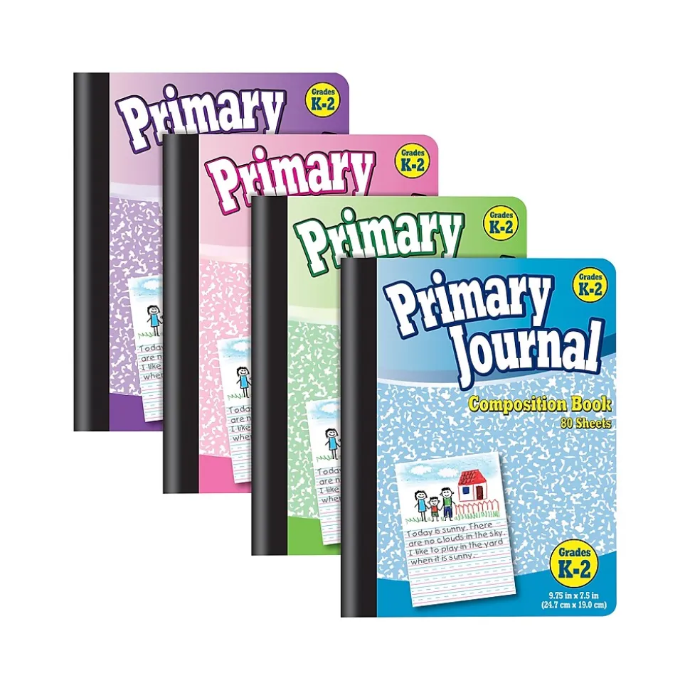Better Office Primary Journal Composition Notebooks, 7.5" x 9.75", Primary, 80 Sheets, Assorted Colors, 4/Pack (25454-4PK)