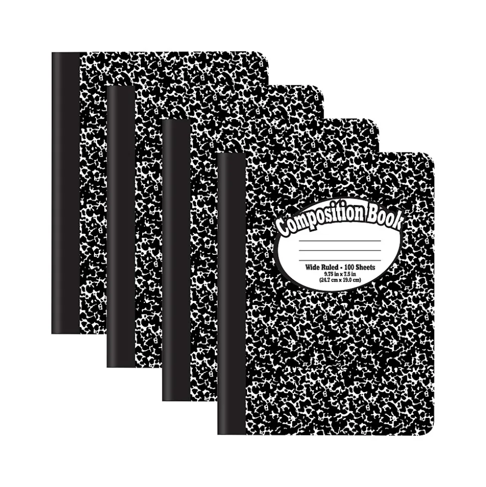 Better Office 1-Subject Composition Notebooks, 7.5" x 9.75", Wide Ruled, 100 Sheets, Black, 12/Pack (25112-12PK)