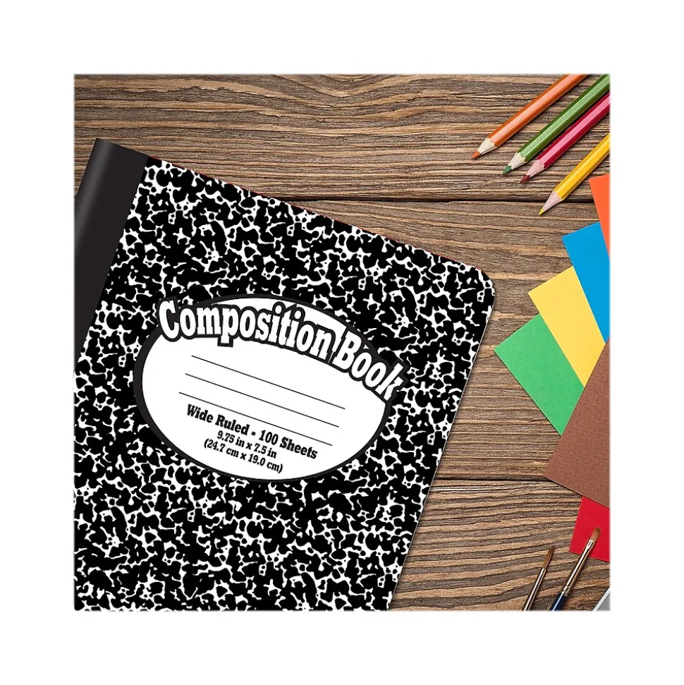 Better Office 1-Subject Composition Notebooks, 7.5" x 9.75", Wide Ruled, 100 Sheets, Black, 12/Pack (25112-12PK)