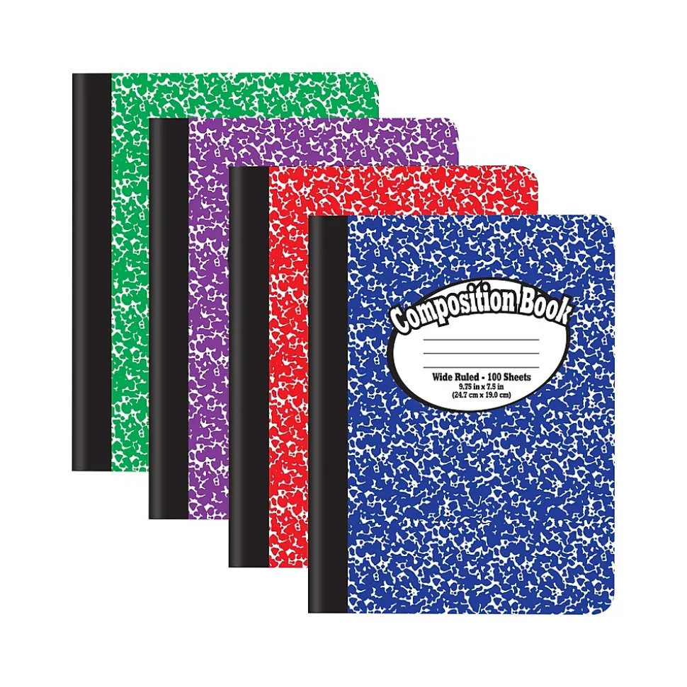 Better Office 1-Subject Composition Notebooks, 7.5" x 9.75", Wide Ruled, 100 Sheets, Assorted Colors, 12/Pack (25212-12PK)