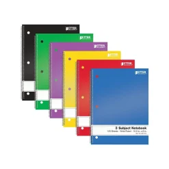 Better Office 3-Subject Notebooks, 8" x 10.5", Wide Ruled, 120 Sheets, 6/Pack (25636-6PK)