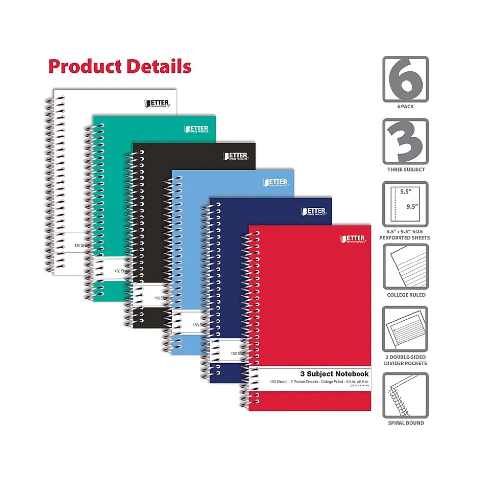 Better Office 3-Subject Notebooks, 5.5" x 9.5", College Ruled, 150 Sheets, 6/Pack (25746-6PK)