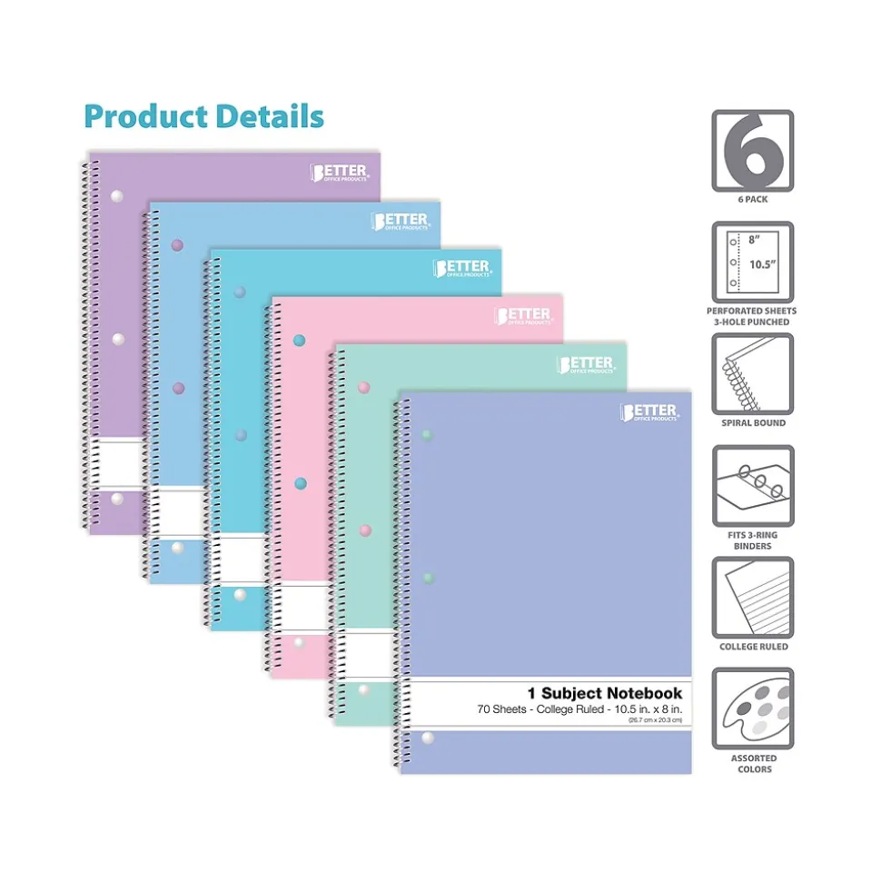 Better Office 1-Subject Notebooks, 8" x 10.5", College Ruled, 70 Sheets, 6/Pack (25726-6PK)