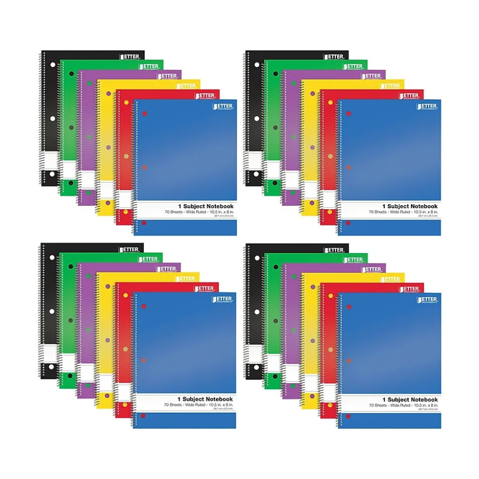 Better Office 1-Subject Notebooks, 8" x 10.5", Wide Ruled, 70 Sheets, 24/Pack (25624-24PK)