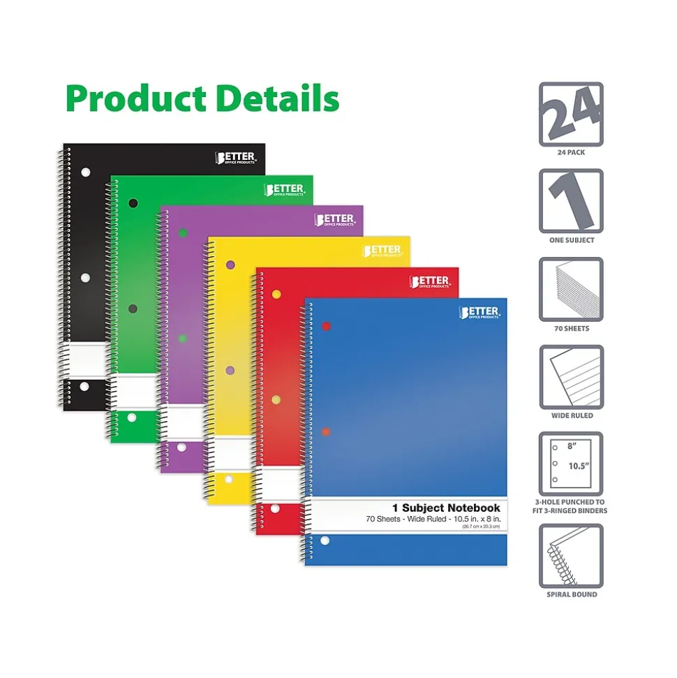 Better Office 1-Subject Notebooks, 8" x 10.5", Wide Ruled, 70 Sheets, 24/Pack (25624-24PK)