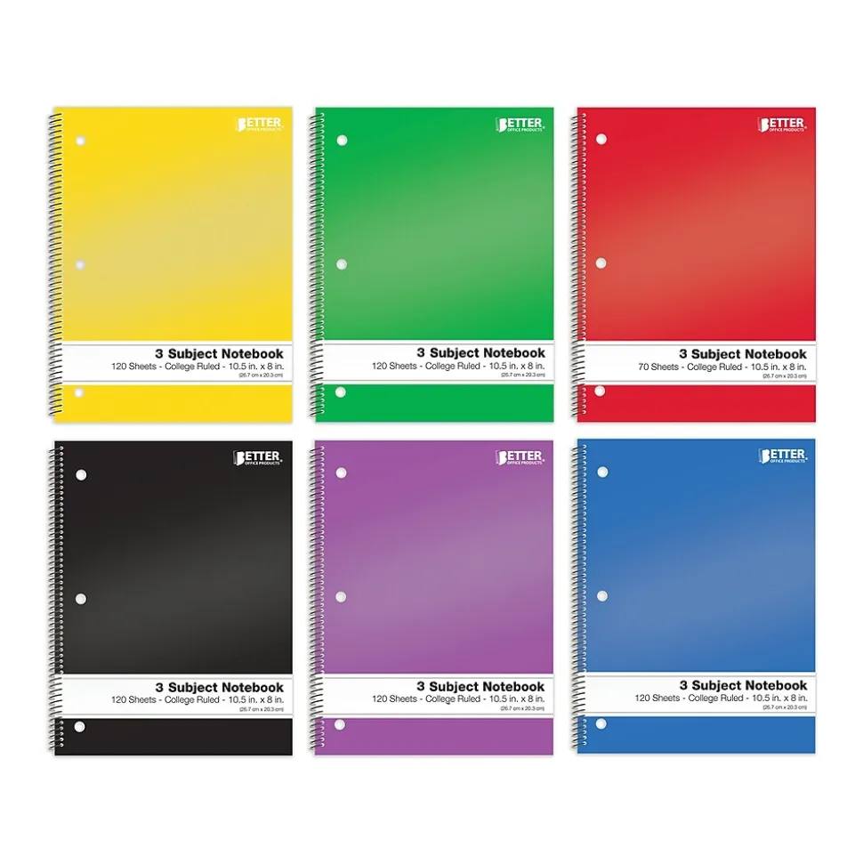 Better Office 3-Subject Notebooks, 8" x 10.5", College Ruled, 120 Sheets, 6/Pack (25736-6PK)