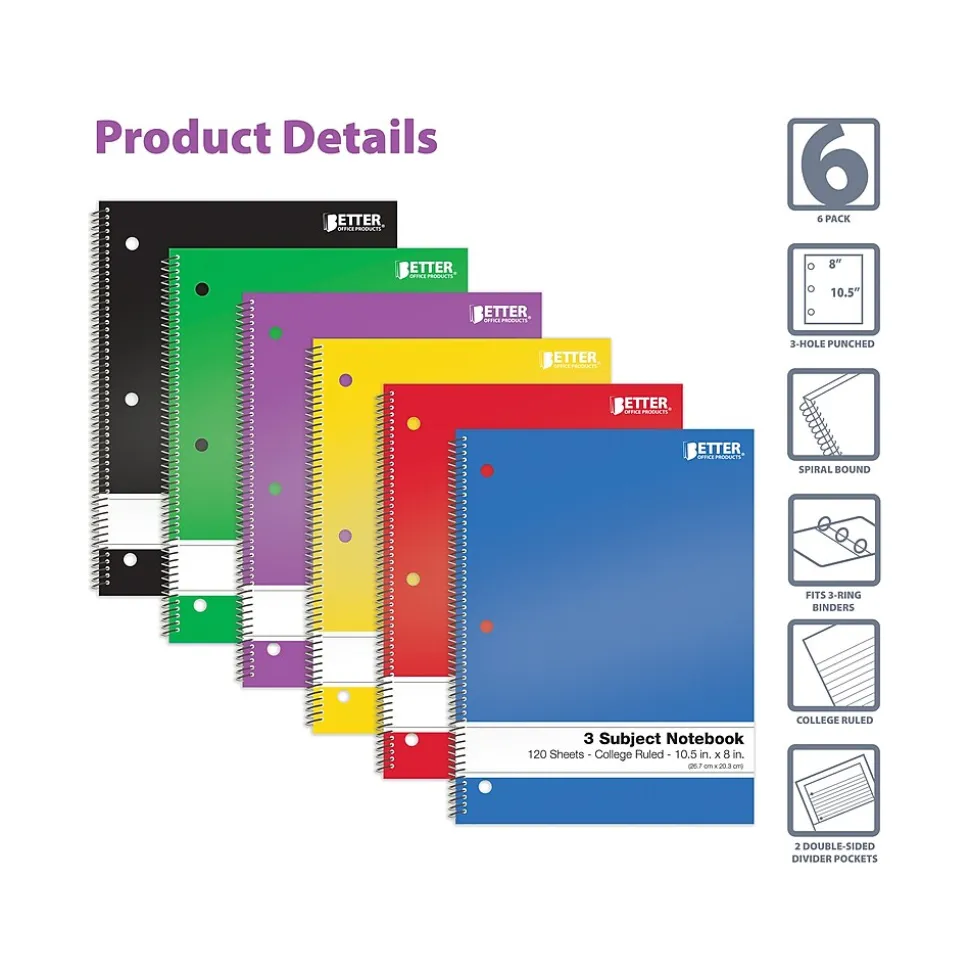Better Office 3-Subject Notebooks, 8" x 10.5", College Ruled, 120 Sheets, 6/Pack (25736-6PK)