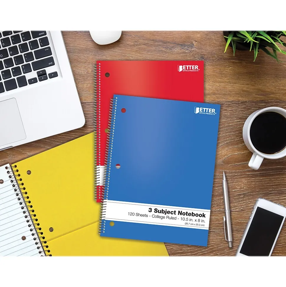 Better Office 3-Subject Notebooks, 8" x 10.5", College Ruled, 120 Sheets, 6/Pack (25736-6PK)
