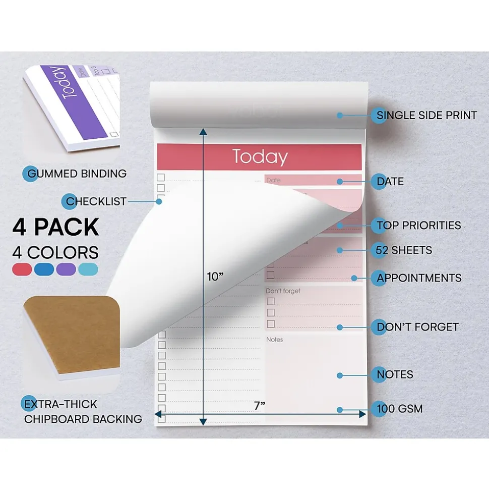 Better Office Today Notepad, 7" x 10", Ruled, Assorted Colors, 52 Sheets/Pad, 4 Pads/Pack (25831-4PK)