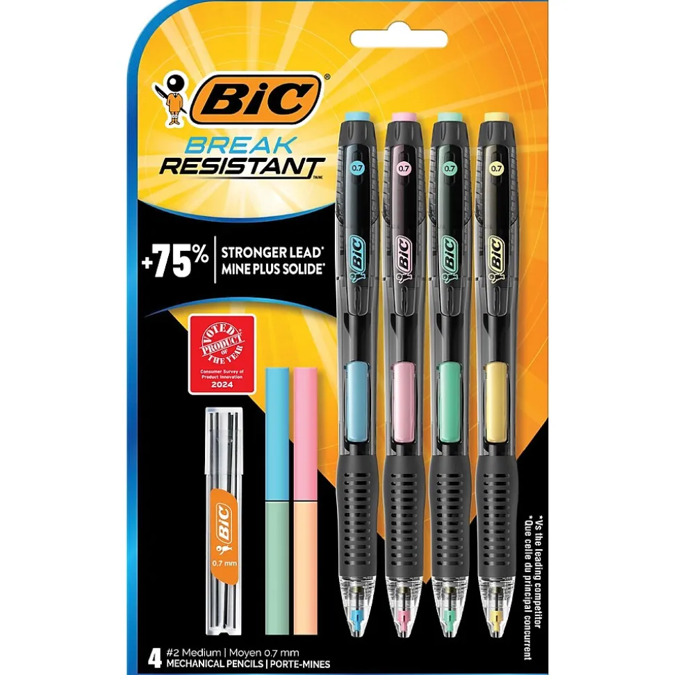 BIC Break-Resistant Mechanical Pencils, 0.7mm, #2 Medium Lead, 4/Pack (MV7PRP4-BLK)