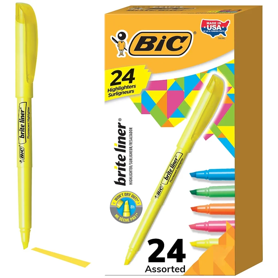 BIC Brite Liner Stick Highlighter, Chisel Tip, Assorted, 24/Pack (BL241AST)