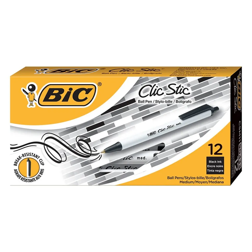 BIC Clic Stic Retractable Ballpoint Pen, Medium Point, Black Ink, 12/Case (CSM11-BLK)