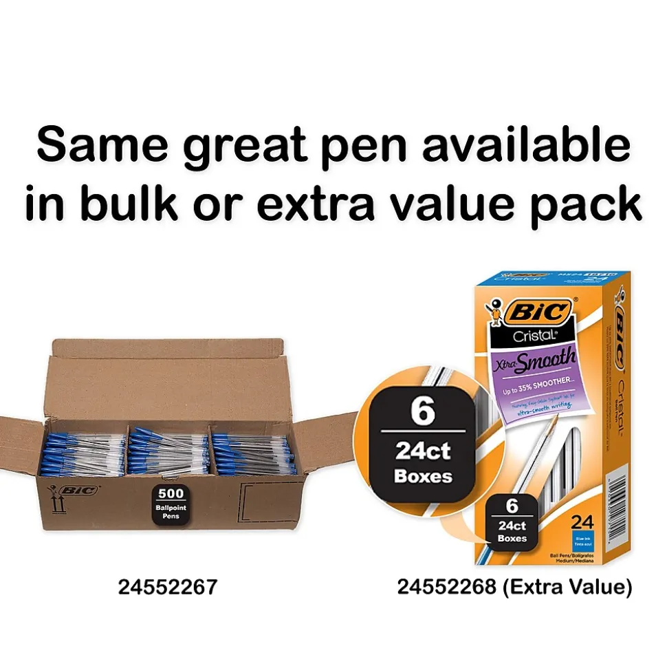 BIC Cristal Ballpoint Pens, Medium Point, Blue Ink, Dozen (10126/MS11BL)