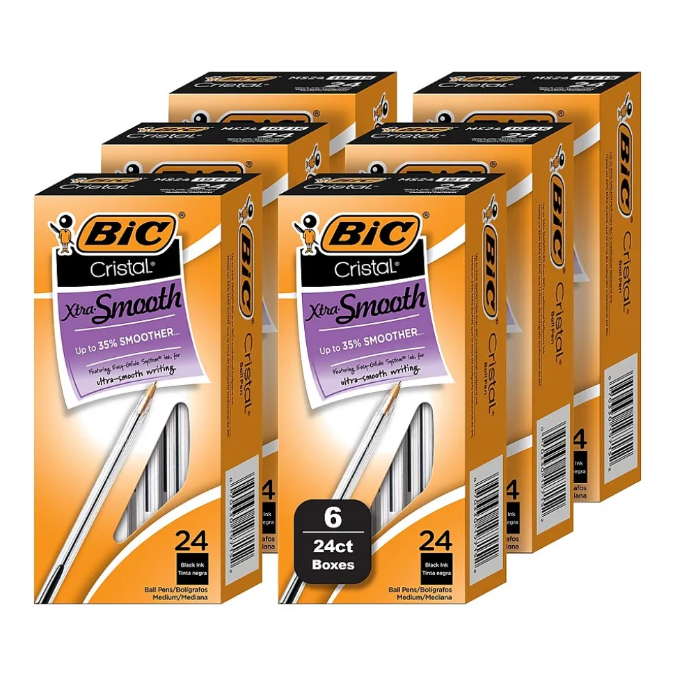 BIC Cristal Xtra Smooth Ballpoint Pen, Medium Point, Black Ink, 24/Box, 6 Boxes/Pack (MS144E-BLK)