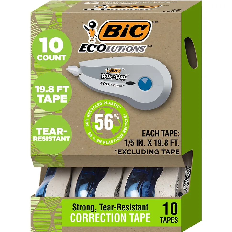 BIC Ecolutions Wite-Out Brand Correction Tape, White, 10/Pack (WOET10-WHI)
