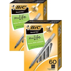 BIC Round Stic Xtra Life Ballpoint Pens, Medium Point, Black, 60/Pack, 2 Packs (BICGSM609BK-2)