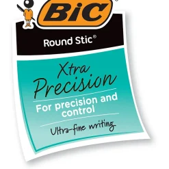BIC Round Stic Xtra Precision Ballpoint Pens, Fine Point, 0.8mm, Black Ink, Dozen (20129/GSF11BK)