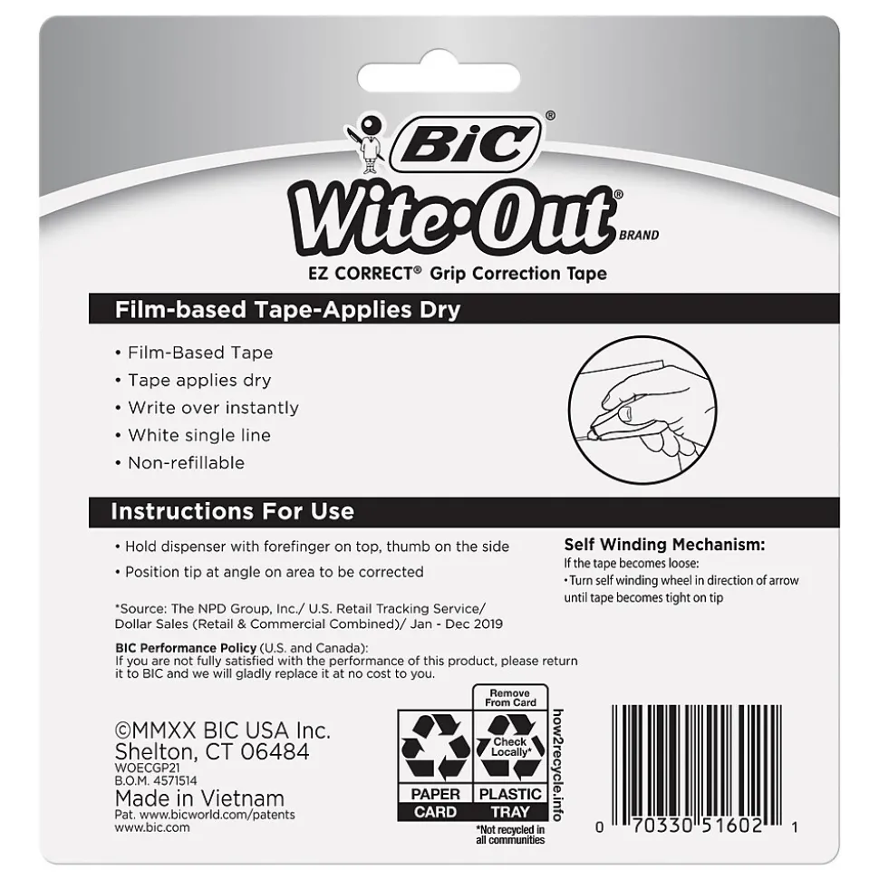 BIC Wite-Out EZ Grip Correction Tape, White, 2/Pack (WOECGP21)