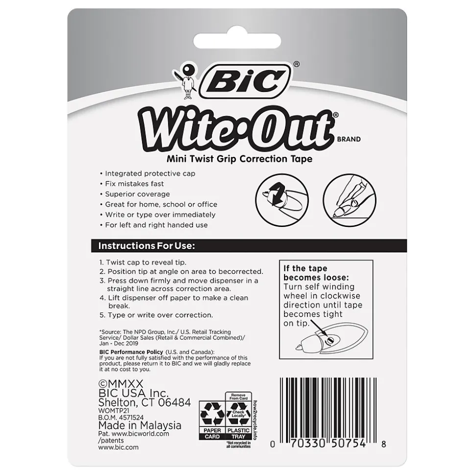 BIC Wite-Out Mini Correction Tape, White, 2/Pack (50754)