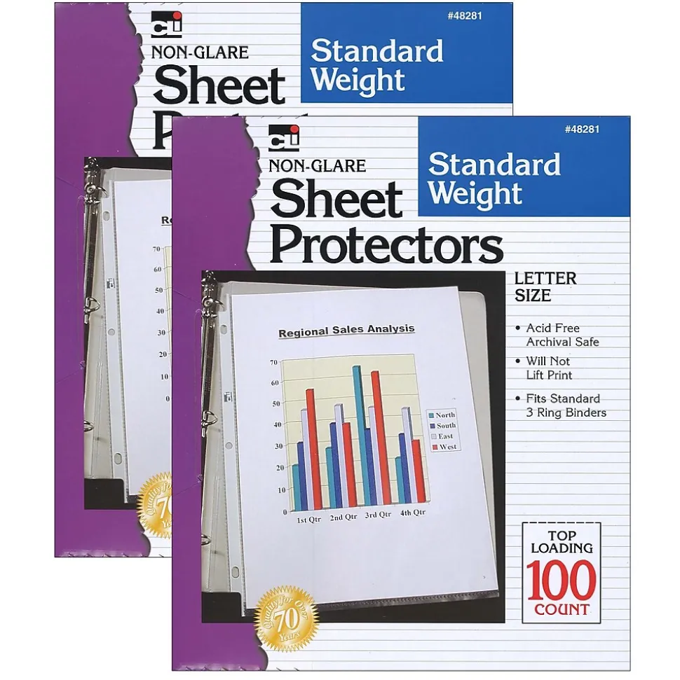 CLI Non-Glare Standard Sheet Protector, 8.5" x 11", Clear, 100/Box, 2 Boxes (CHL48281-2)
