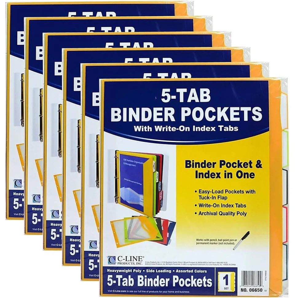 C-Line Heavyweight Poly Binder Pocket with Write-On Tabs, Assorted Colors, 5/Pack, 6 Packs (CLI06650-6)