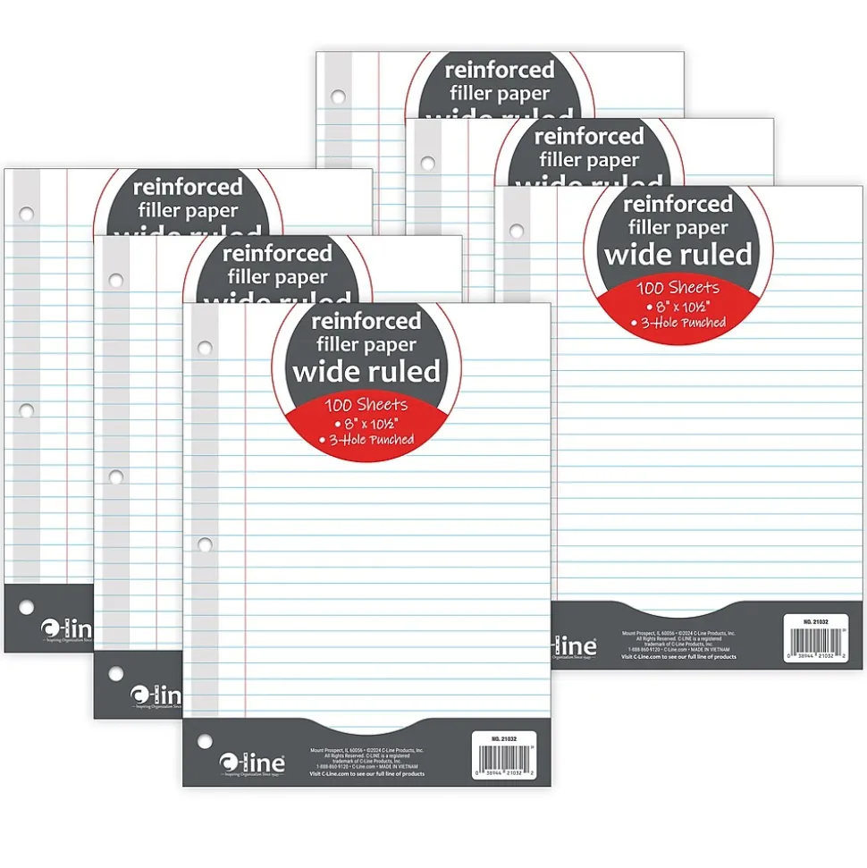 C-Line Reinforced Wide Ruled Filler Paper, 8" x 10.5", 3-Hole Punched, 100 Sheets/Pack, 6/Bundle (CLI21032-6)