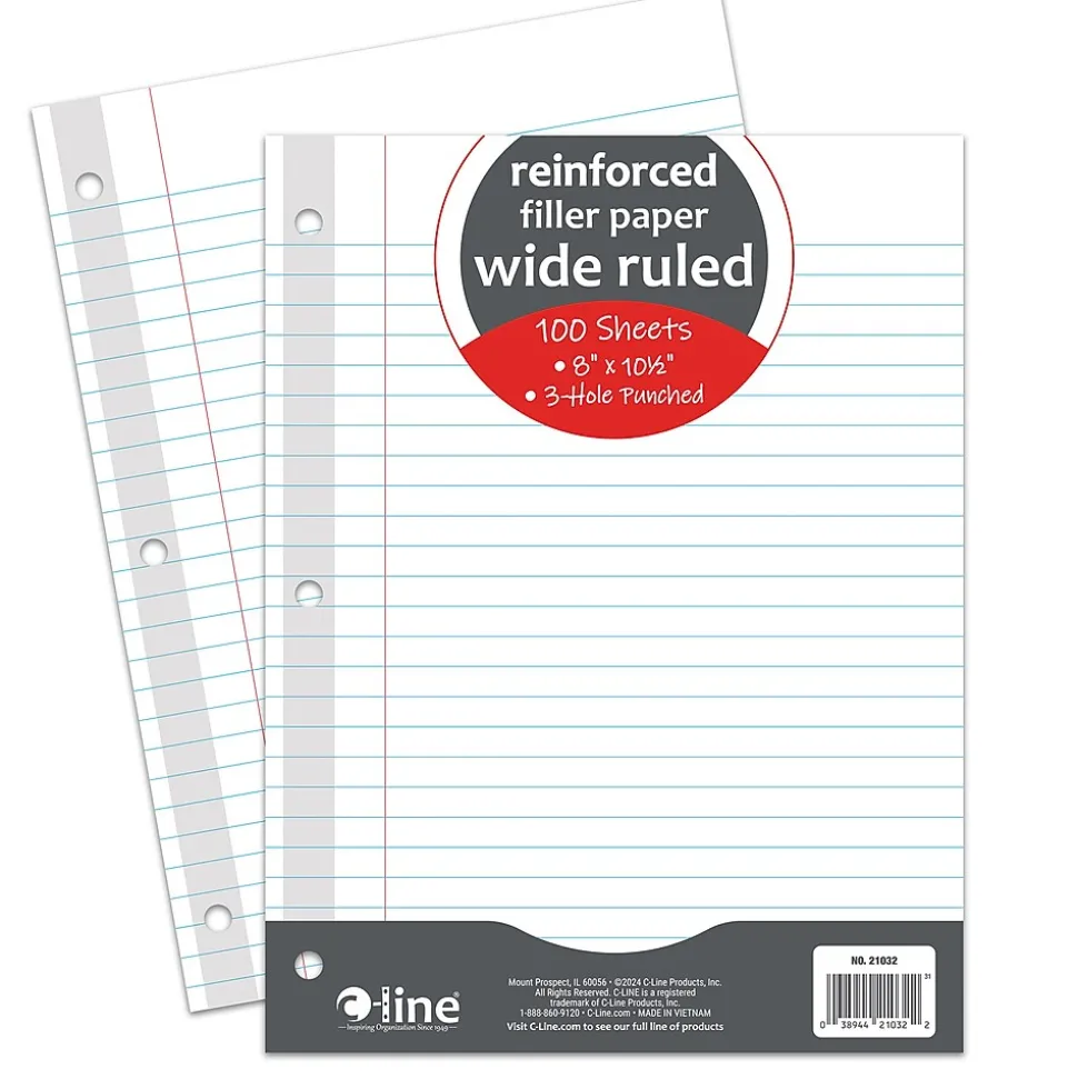 C-Line Reinforced Wide Ruled Filler Paper, 8" x 10.5", 3-Hole Punched, 100 Sheets/Pack, 6/Bundle (CLI21032-6)