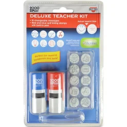 Consolidated Stamp 2000 Plus Self-Inking Deluxe Teachers Stamp Kit, 10 Changeable 5/8" Dia. Messages, Red/Blue Stamps (063614)