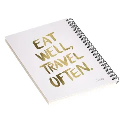 DENY Designs Eat Well Travel Often Gold by Cat Coquillette Notebook, 5.5" x 8.25", Dotted Ruled, 40 Sheets, White