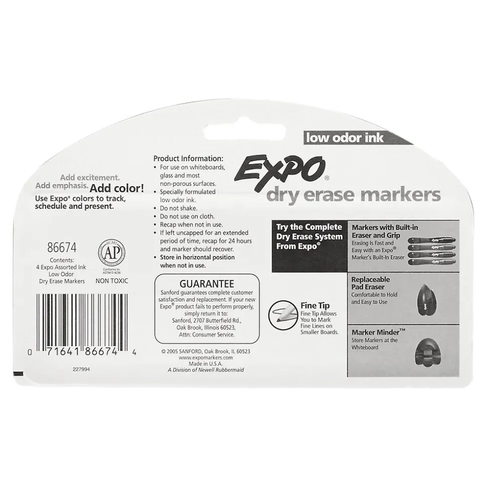 Expo Low Odor Dry Erase Markers, Fine Tip, Assorted, 4/Pack (86674)