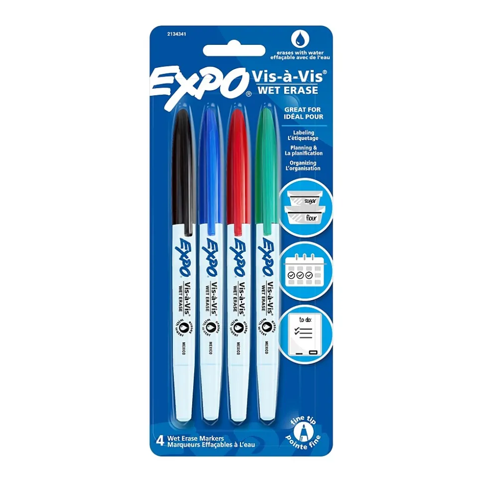 Expo Vis-a-Vis Wet Erase Markers, Fine Point, Assorted, 4/Pack (16074/2134341)
