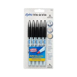 Expo Vis-a-Vis Wet Erase Marker, Fine Tip, Black Ink, 5/Pack (16665/2134050)