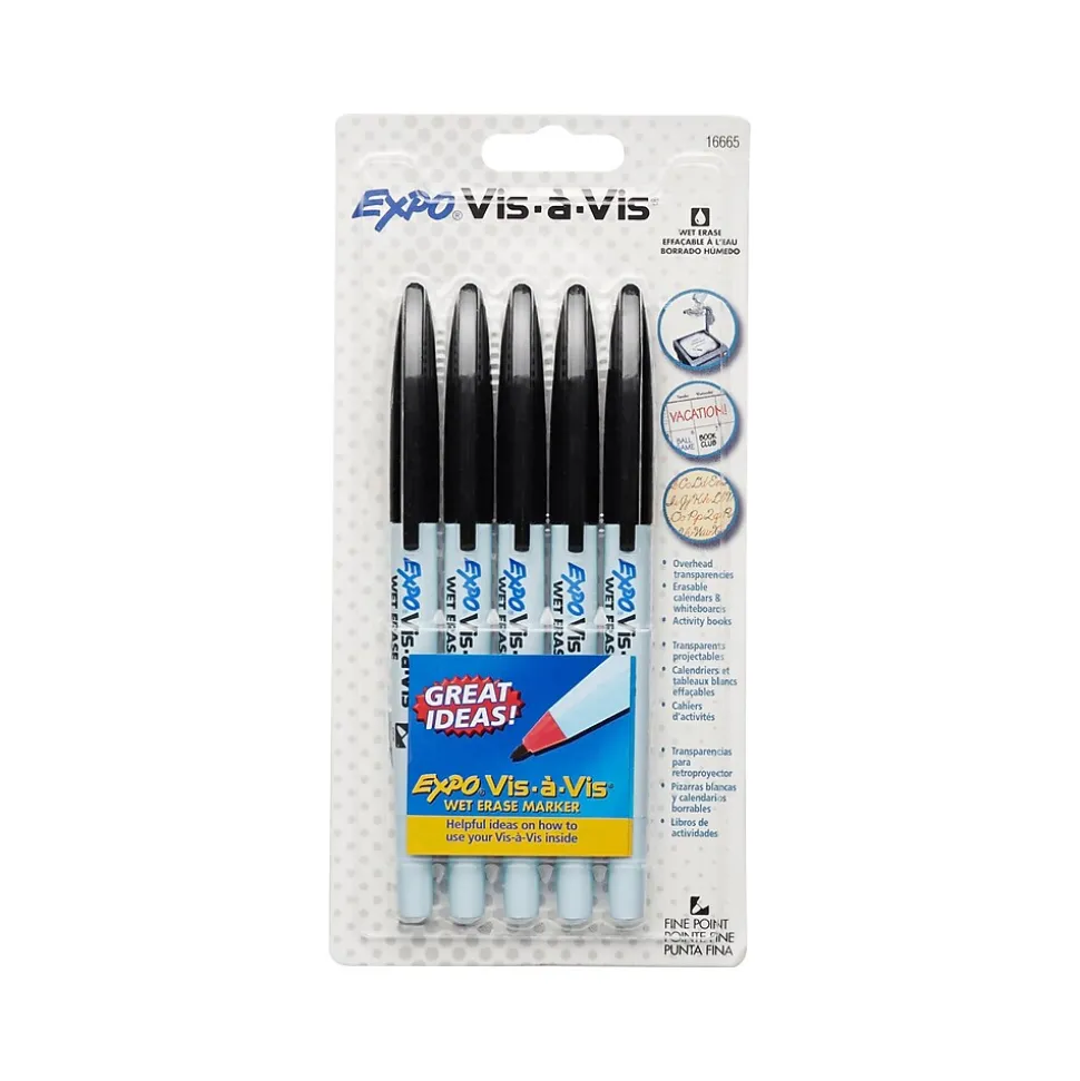Expo Vis-a-Vis Wet Erase Marker, Fine Tip, Black Ink, 5/Pack (16665/2134050)