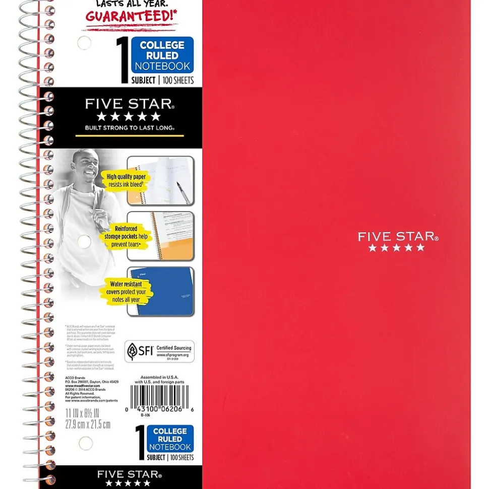 Five Star 1-Subject Notebook, 8.5" x 11", College Ruled, 100 Sheets, Red (72053)