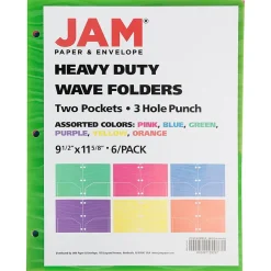 JAM Paper Heavy Duty 3-Hole Punched 2-Pocket Plastic Folders, Multicolored, Assorted Wave Colors, 6/Pack (383HPWAVEAST)
