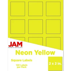 JAM Paper Square Labels, 2" x 2", Neon Yellow, 12 Labels/Sheet, 10 Sheets/Pack (367831073)