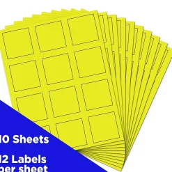 JAM Paper Square Labels, 2" x 2", Neon Yellow, 12 Labels/Sheet, 10 Sheets/Pack (367831073)