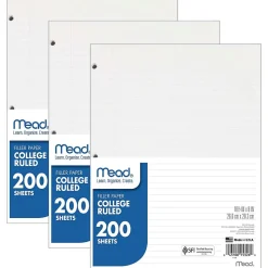 Mead College Ruled Filler Paper, 8" x 10.5", 3-Hole Punched, 200 Sheets/Pack, 3/Bundle (MEA15326-3)